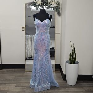 Fitted Blue Sequin Evening Gown